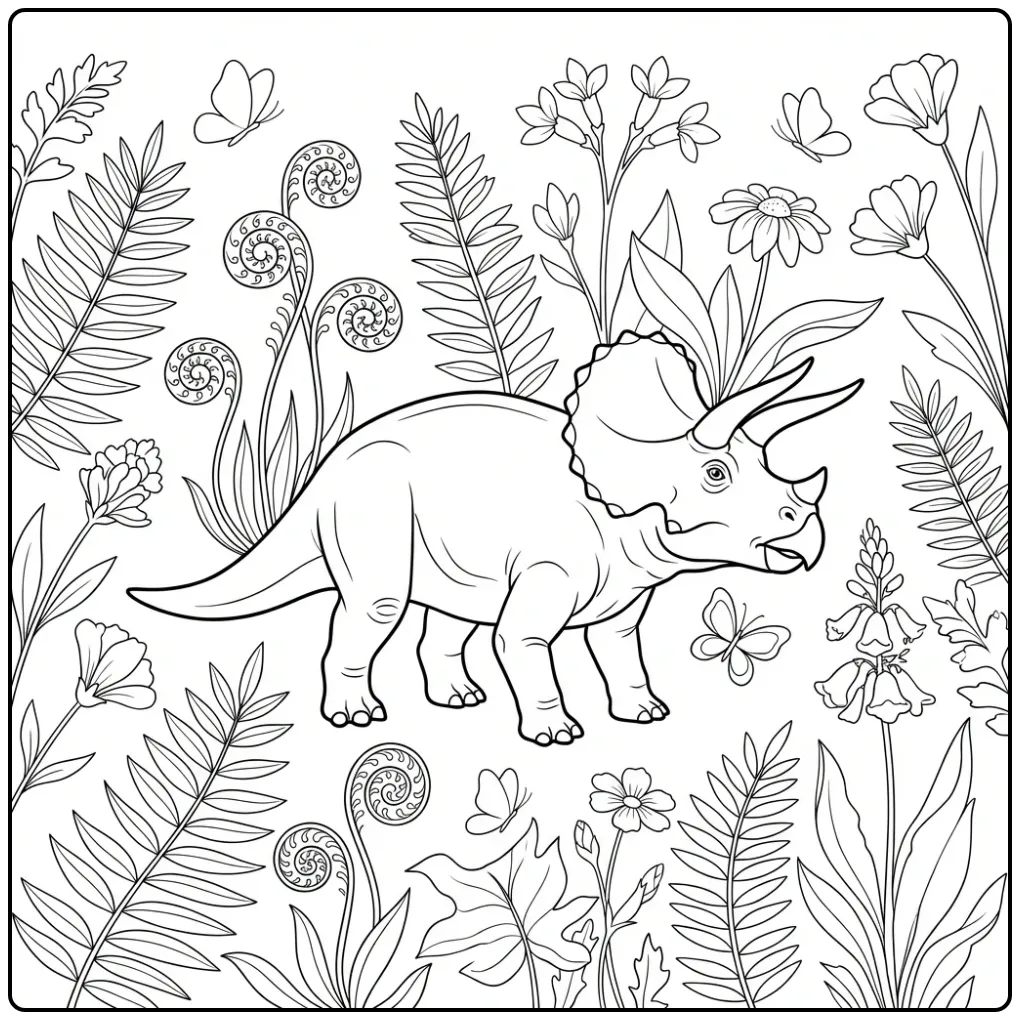Realistische triceratops kleurplaat met bloemen en planten.