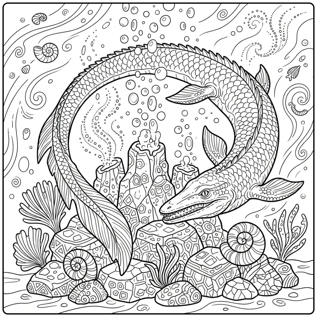 Diepzee mosasaurus kleurplaat met bellen en zeeplanten.