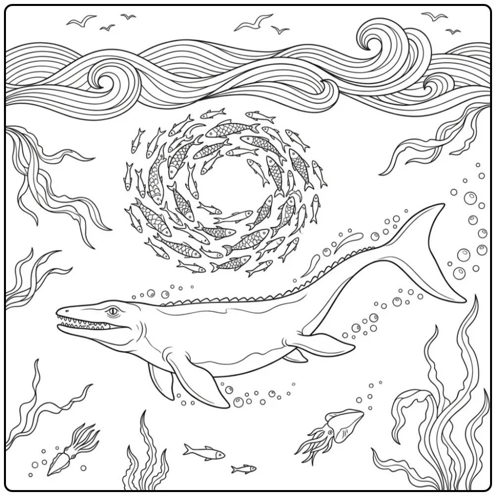 Zwemmende mosasaurus kleurplaat met zeewier en vissen.