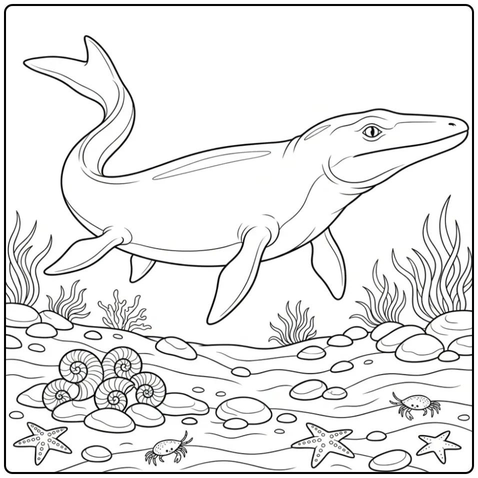 Leuke mosasaurus kleurplaat tussen zeegras en zeesterren.