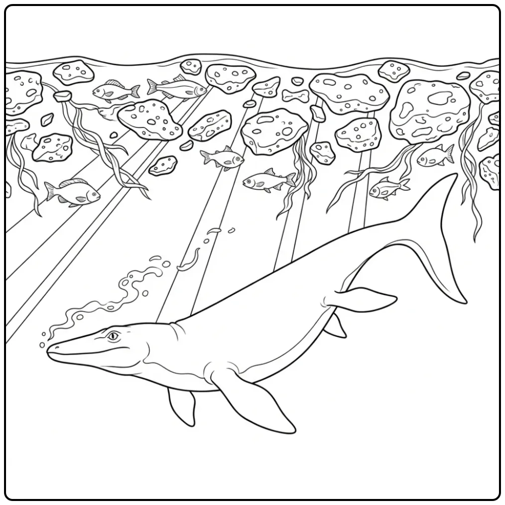 Een mosasaurus kleurplaat onder drijvende vulkanische stenen.