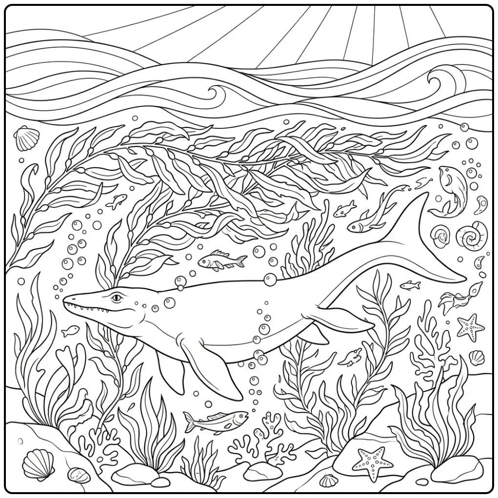 Onderwater mosasaurus kleurplaat met zeewier en vissen.