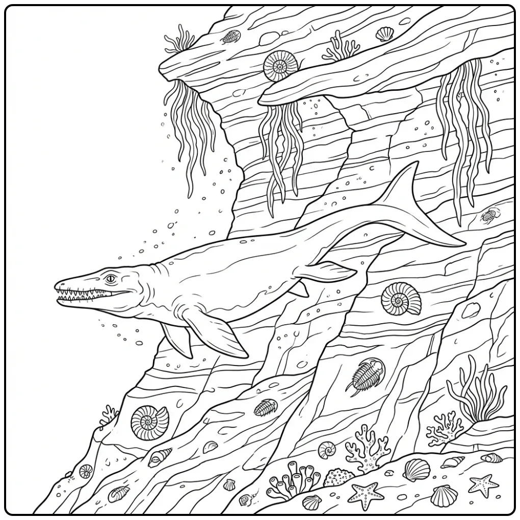 Gedetailleerde mosasaurus kleurplaat met fossielen en rotsen.