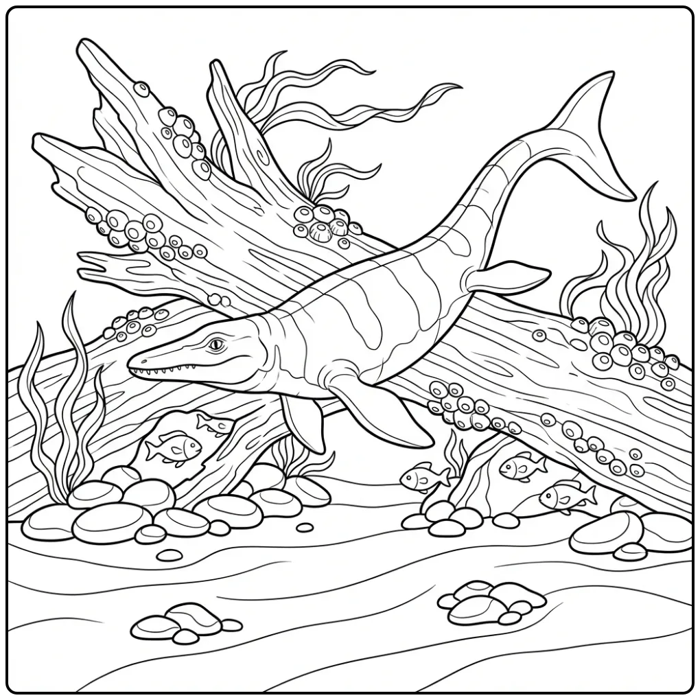 Gedetailleerde mosasaurus kleurplaat met wrakhout en vissen.