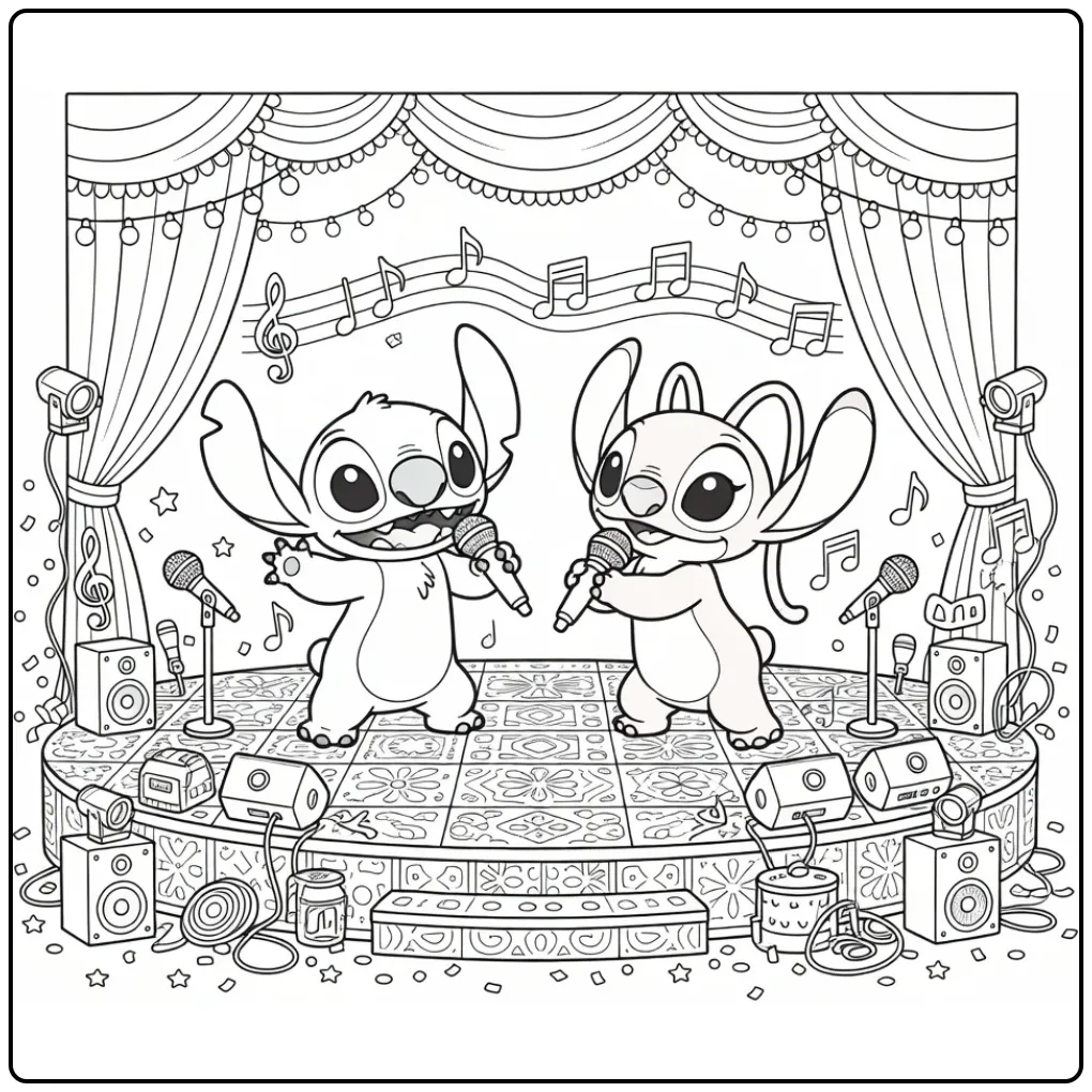 Gedetailleerde kleurplaat stitch en angel moeilijk zingen
