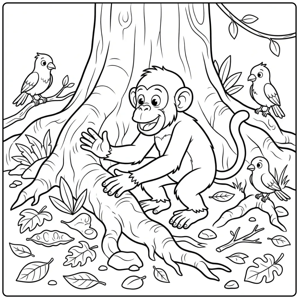 Vrolijke kleurplaat chimpansee trommelt op boomwortels.