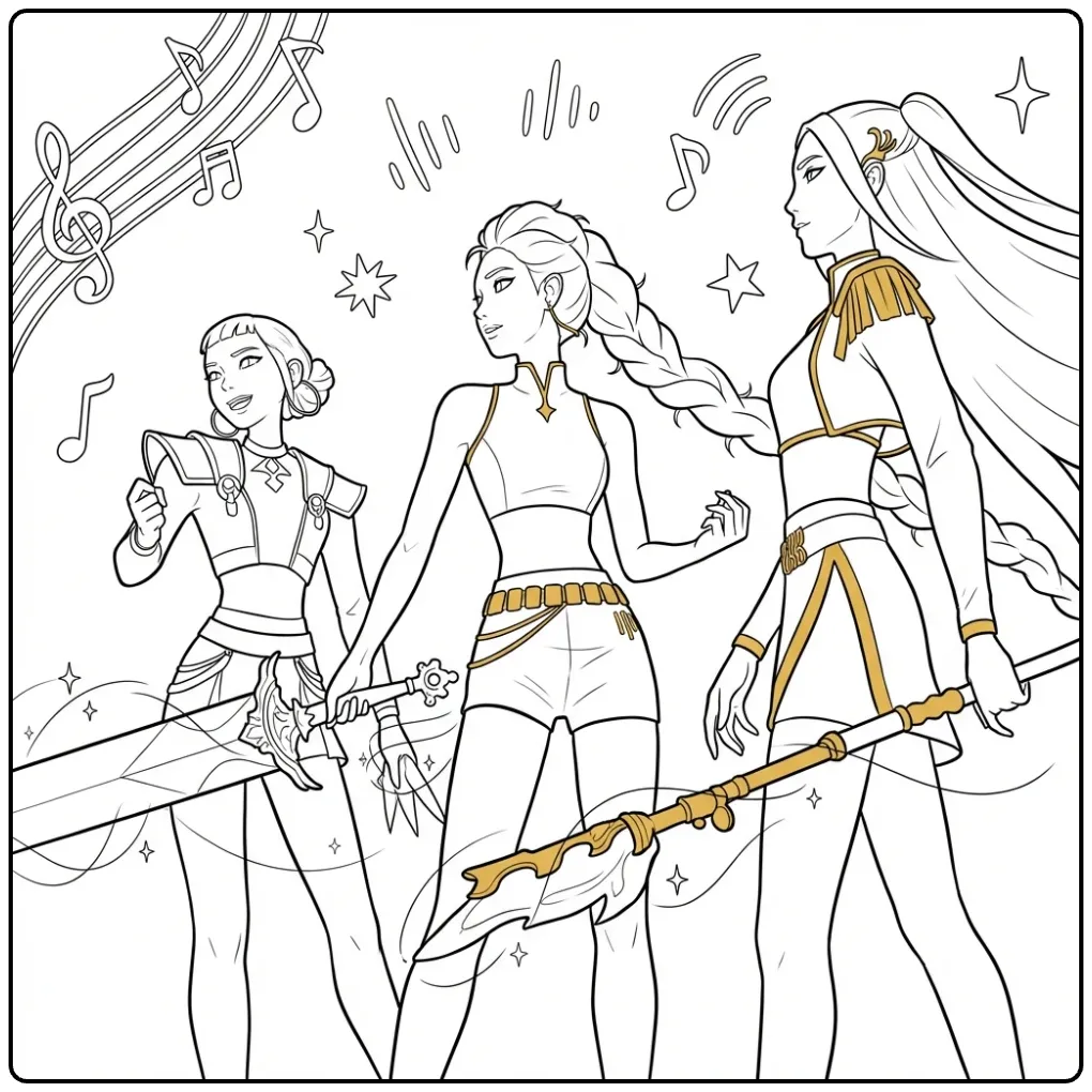 Drie strijdsters op een kleurplaat kpop demon hunters.