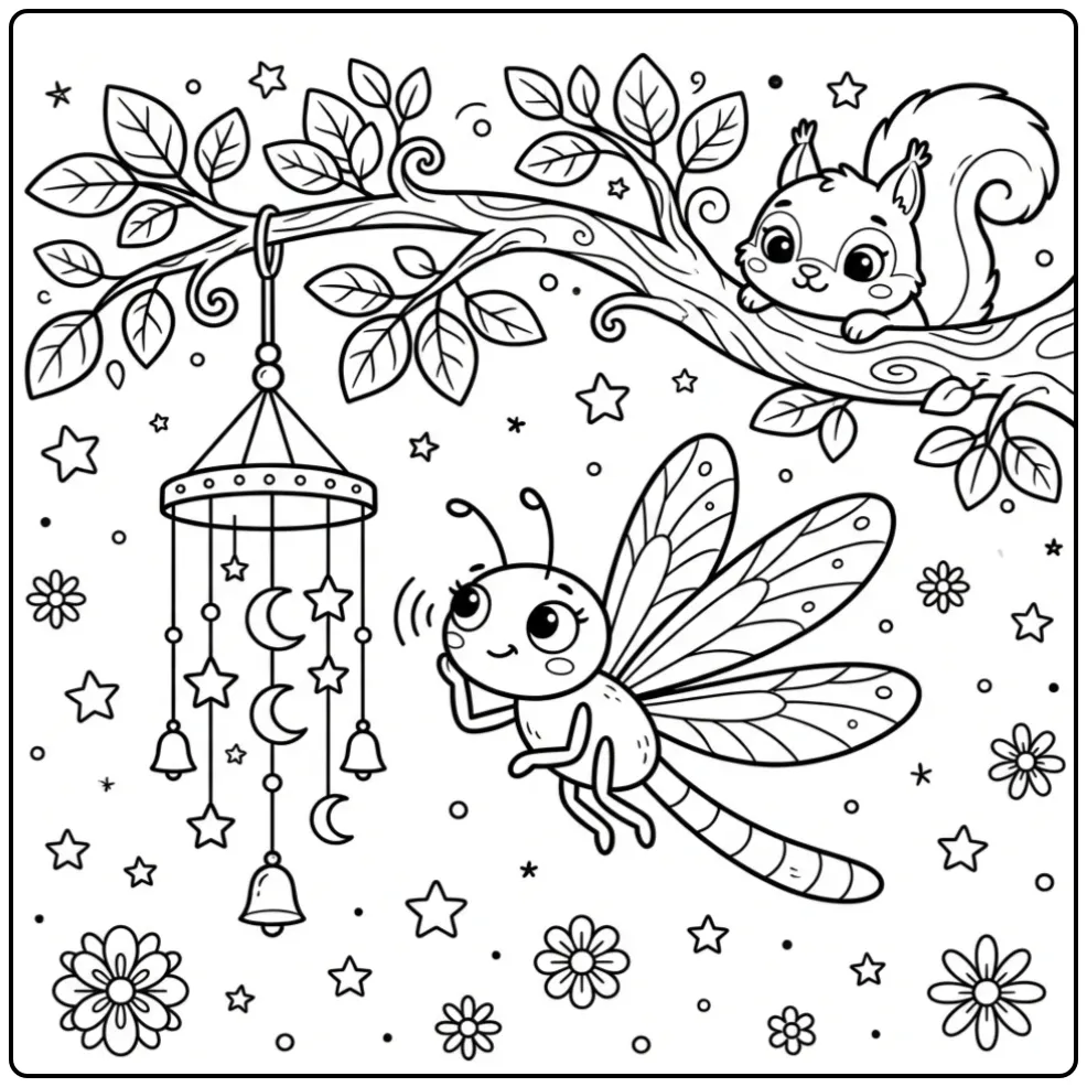 Schattige kleurplaat libelle luisterend naar een windgong.