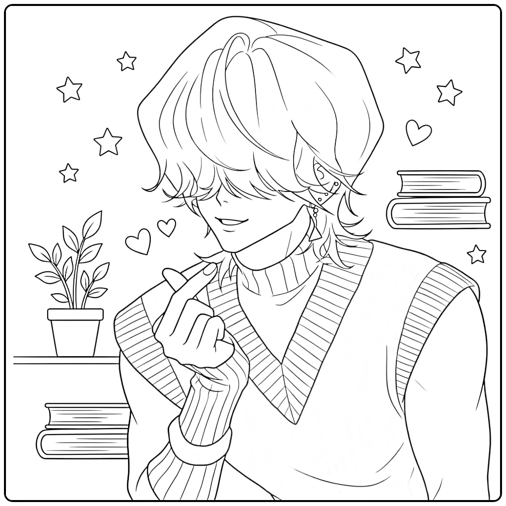 Kleurplaat van jongen met vingerhartje, kpop demon hunters kleurplaat Mystery.