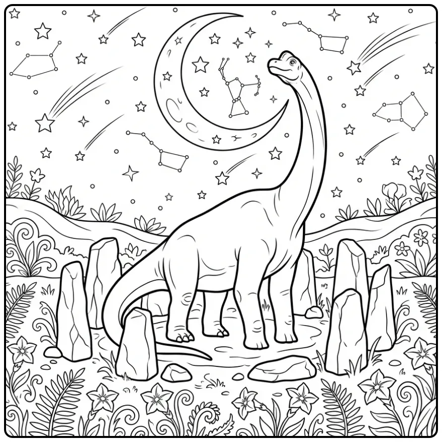 Mooie dino kleurplaat brachiosaurus onder de maan en sterren