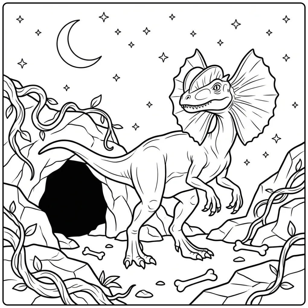 Spannende dino kleurplaat van een Dilophosaurus bij een grot