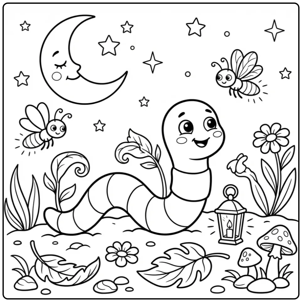 Schattige kleurplaat worm met lantaarn onder de maan.