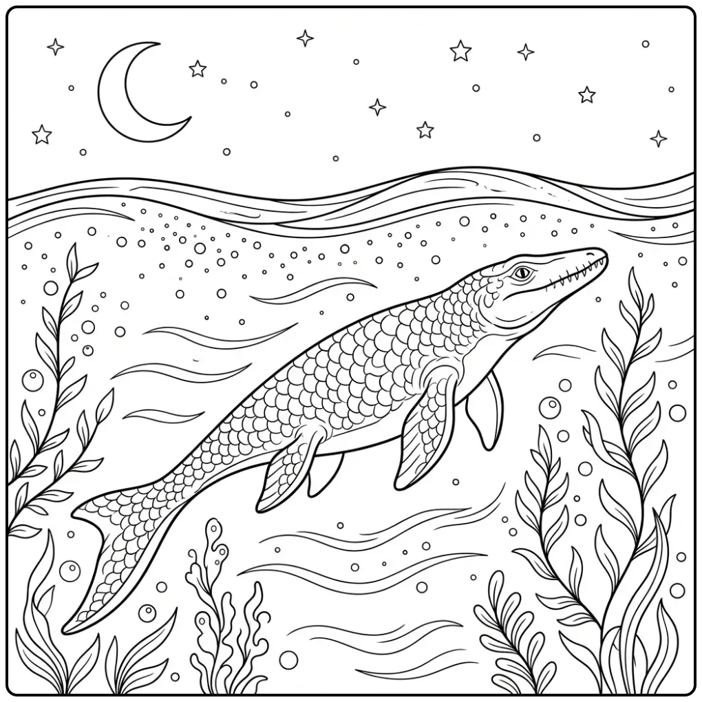 Mosasaurus kleurplaat zwemmend onder de maan en sterren.