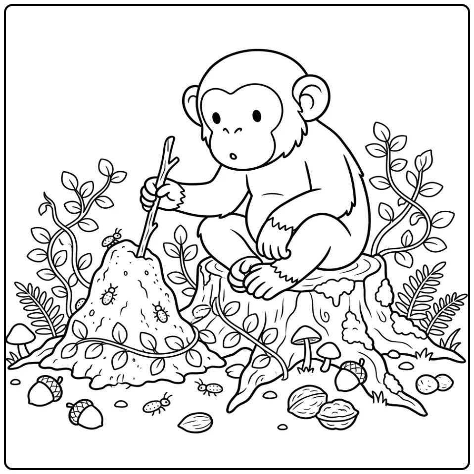 Leuke kleurplaat chimpansee met stokje bij termietenheuvel.