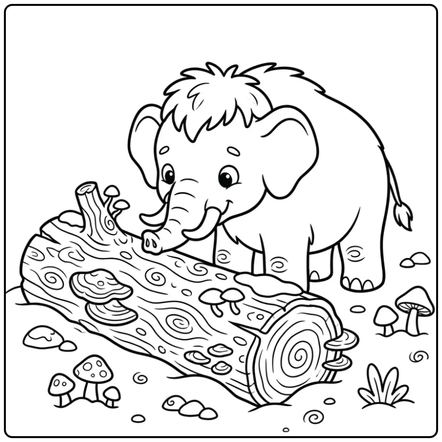 Schattige mammoet kleurplaat met een boomstam in de sneeuw.