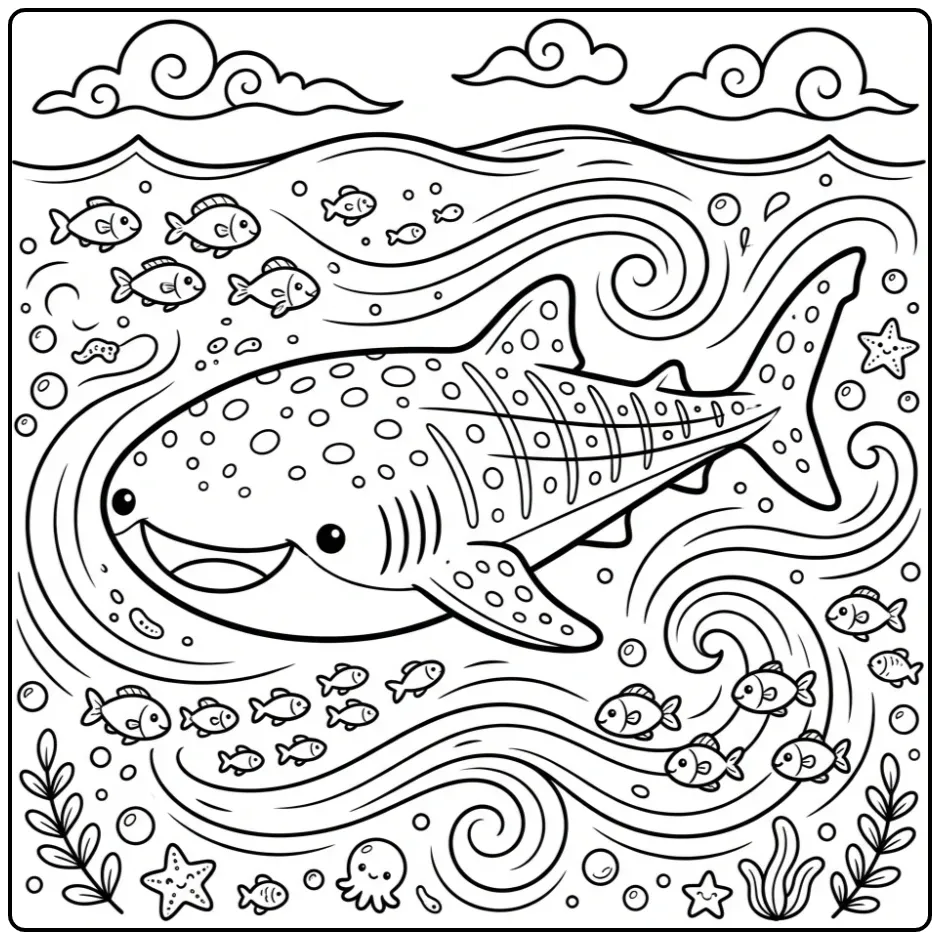 Schattige walvishaai kleurplaat haai met kleine visjes.