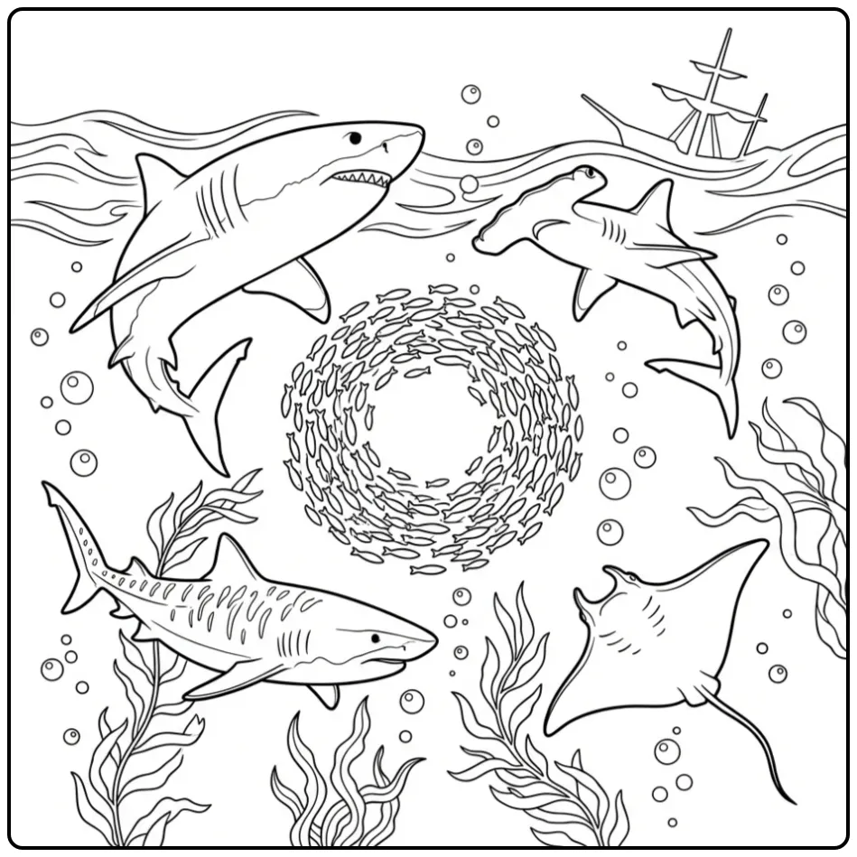 Kleurplaat vis met haaien en manta rog rond een school vissen.