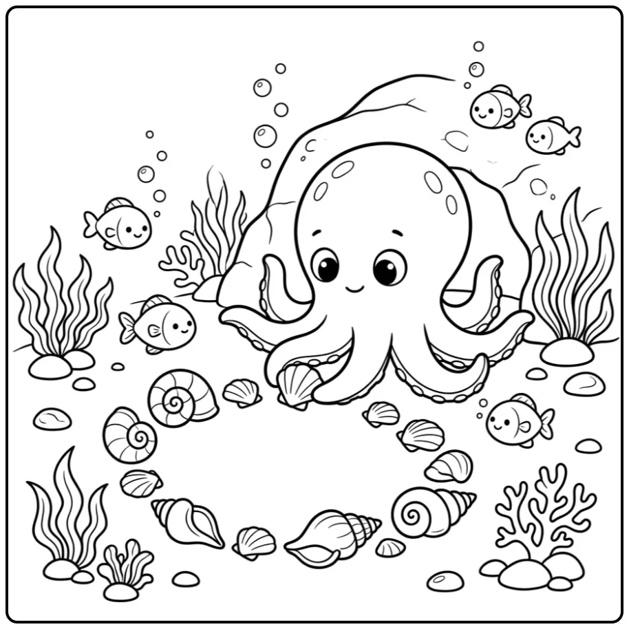 Schattige octopus kleurplaat met vissen en schelpen.