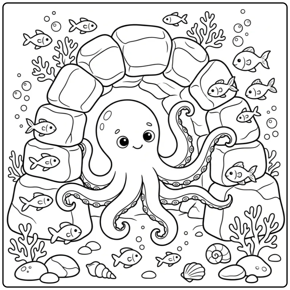 Leuke octopus kleurplaat die door een rotstunnel zwemt.