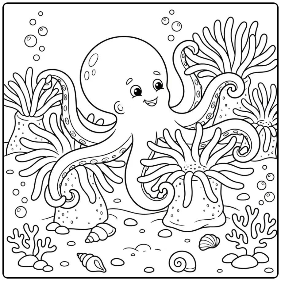 Leuke octopus kleurplaat die voorzichtig tussen anemonen zwemt.