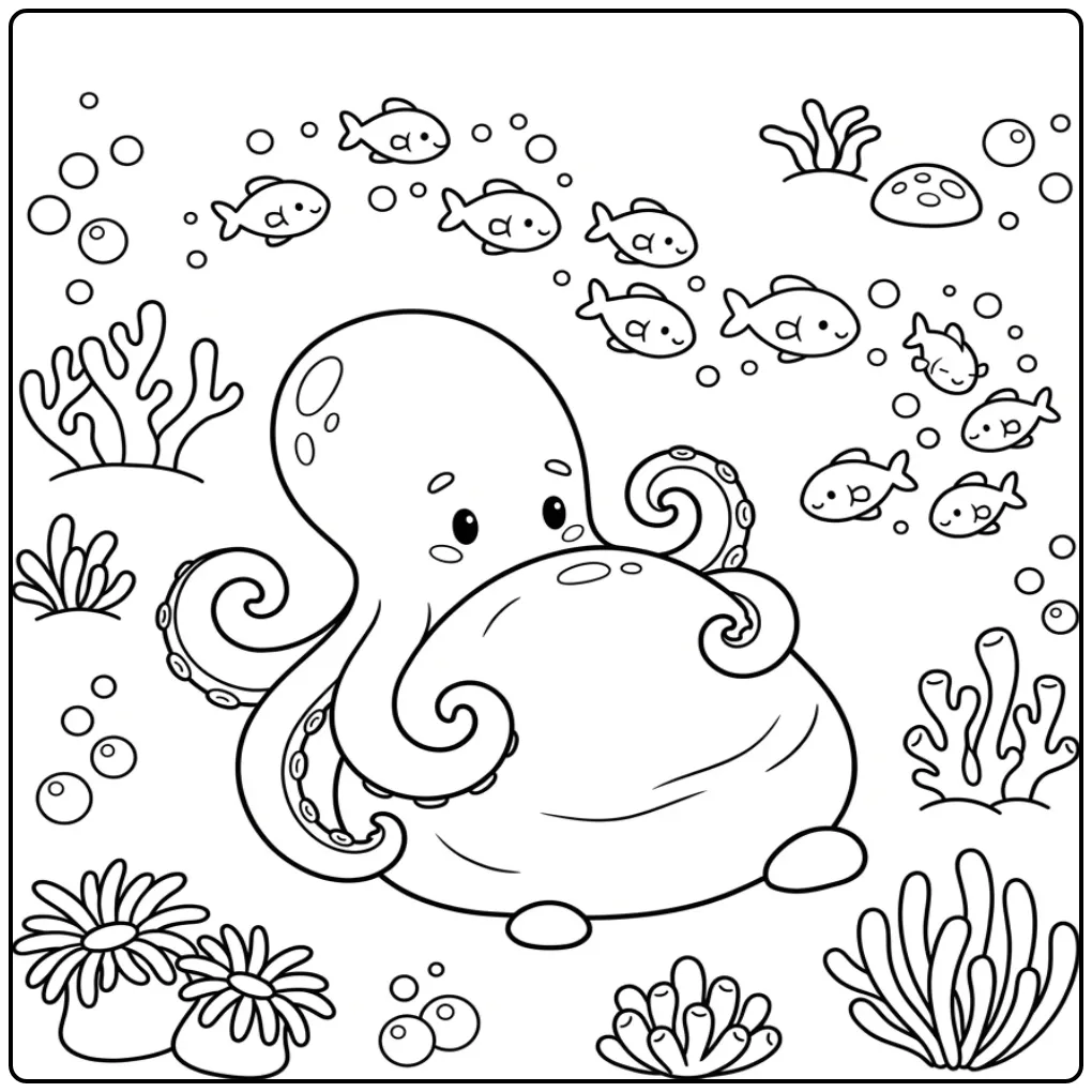 Een leuke octopus kleurplaat die een steen omhelst in de zee.