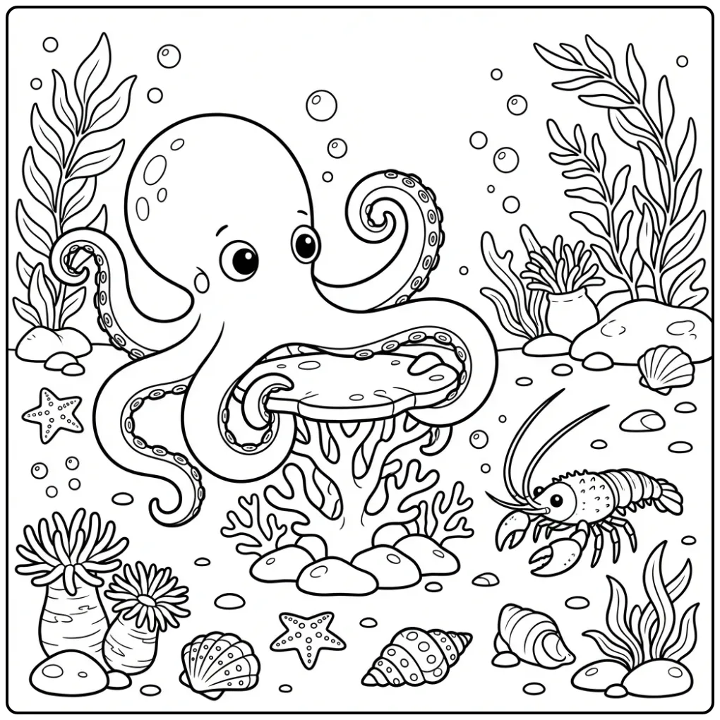 Schattige octopus kleurplaat met een kreeft.