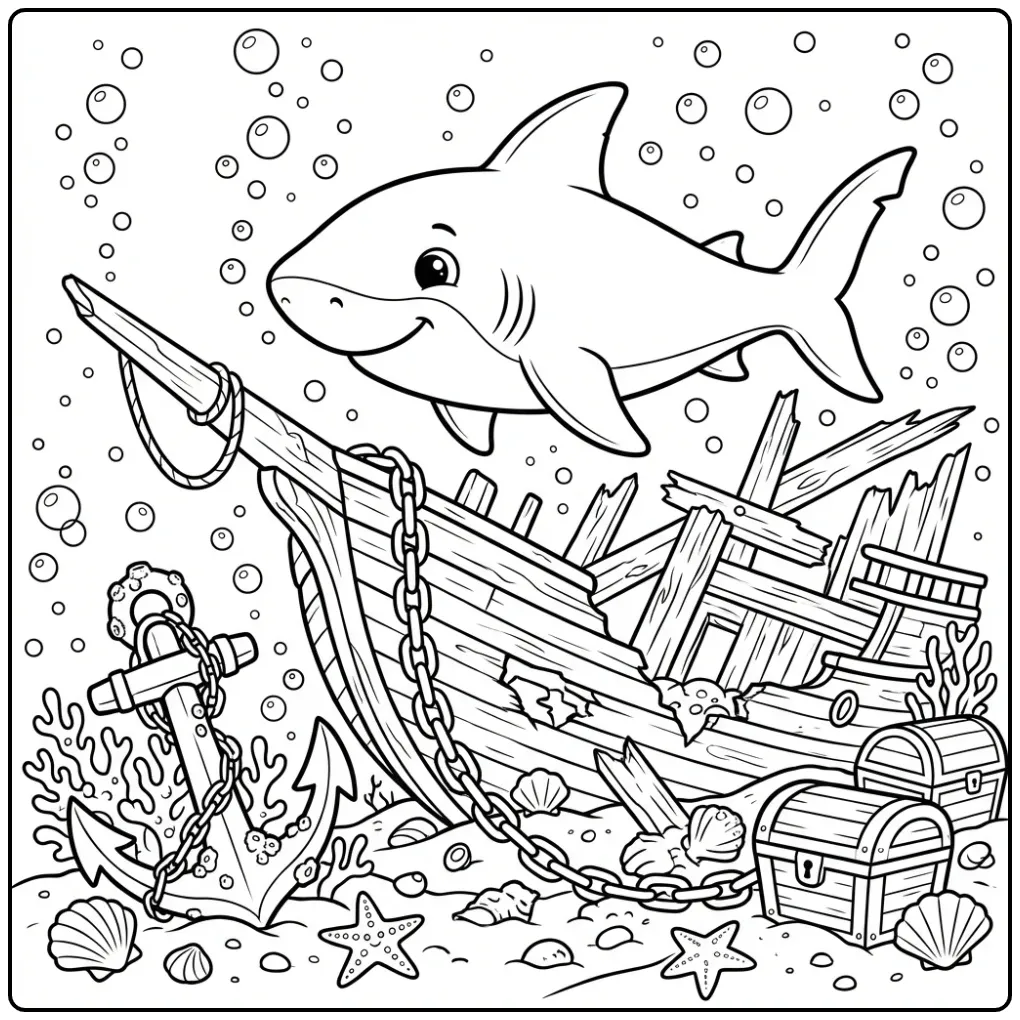 Gedetailleerde kleurplaat haai moeilijk bij een scheepswrak.