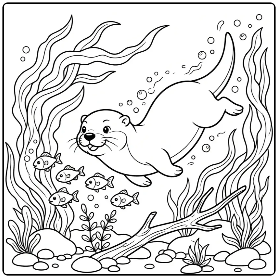 Schattige kleurplaat otter zwemmend tussen de vissen.