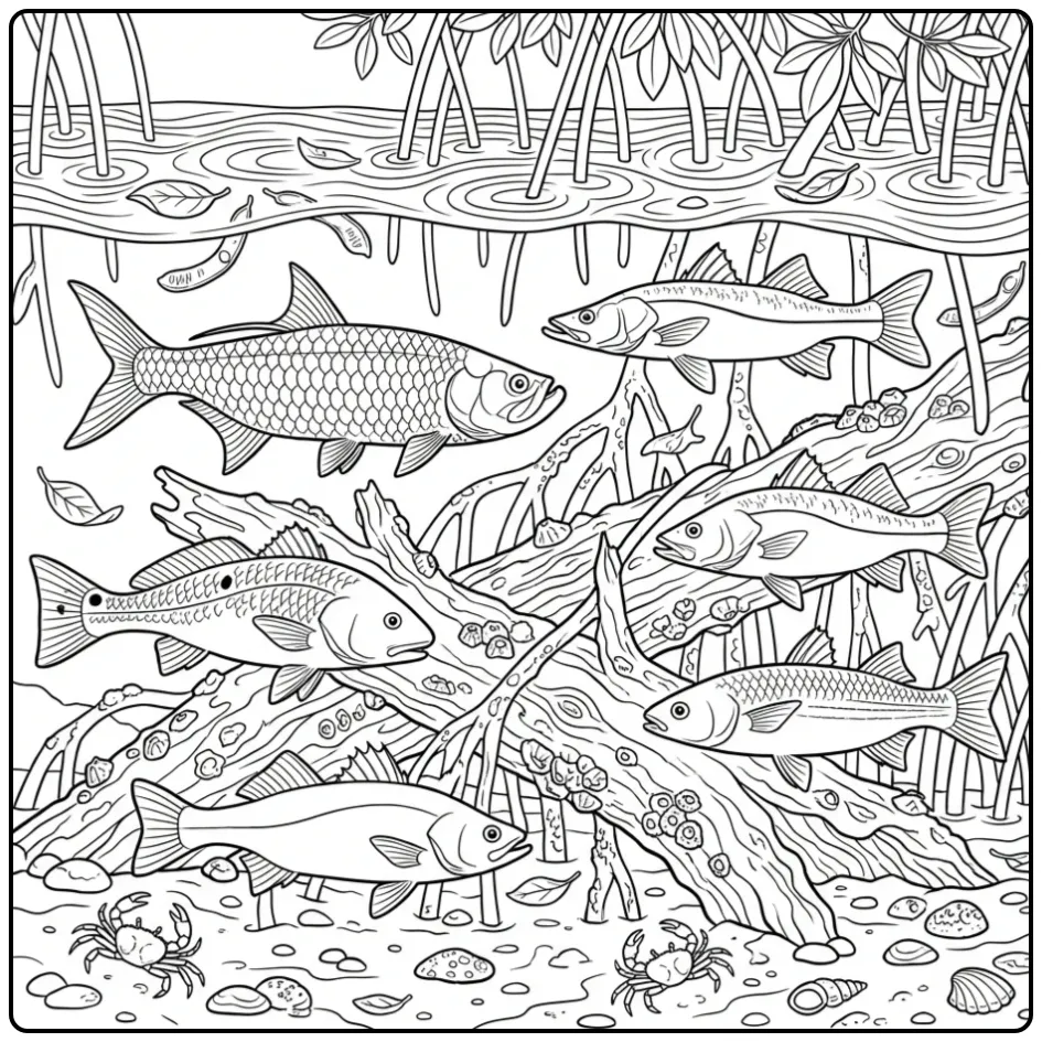 Tropische kleurplaat vis in mangrove met wortels en krabben