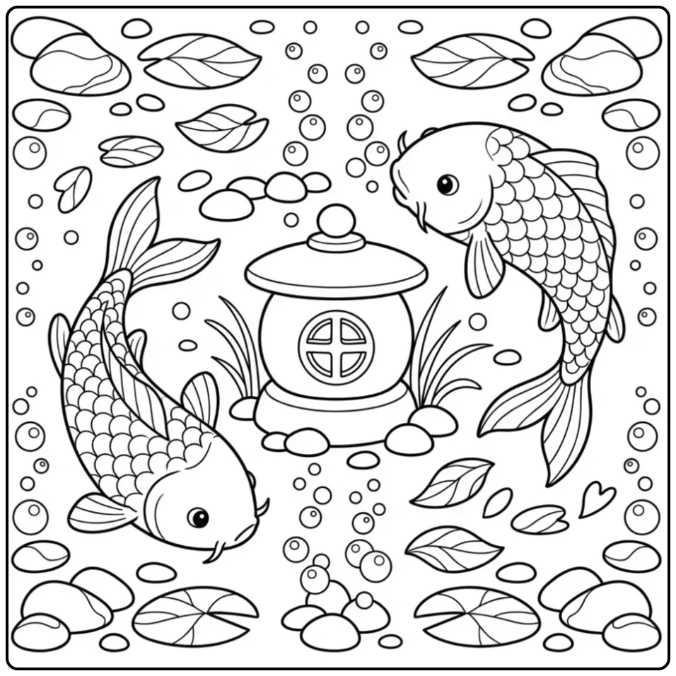 Leuke koi karper kleurplaat met vissen en lantaarn.