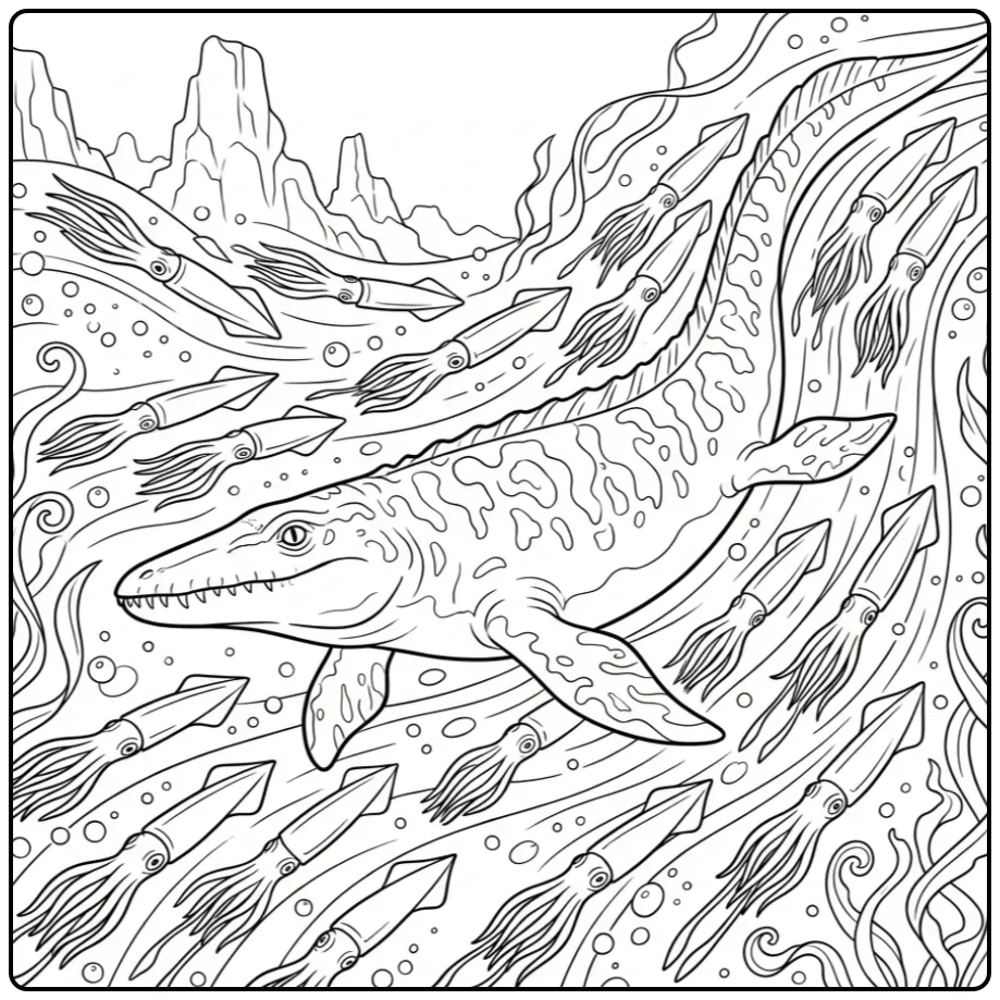 Mosasaurus kleurplaat zwemmend tussen belemnieten en bubbels.