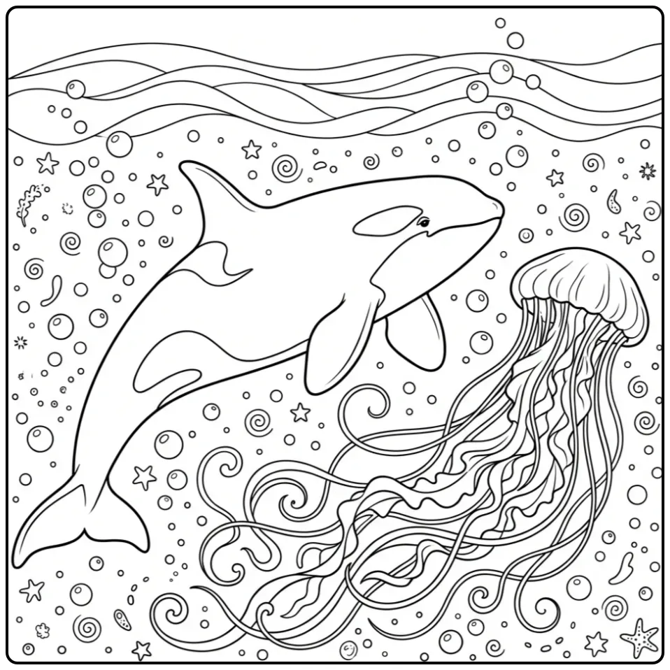 Realistische orka met kwal op deze orca kleurplaat.