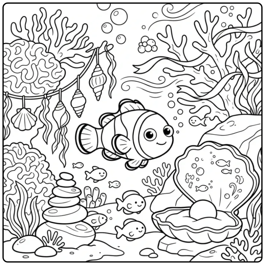 Leuke clownvis kleurplaat met schooldecoratie en koraal.