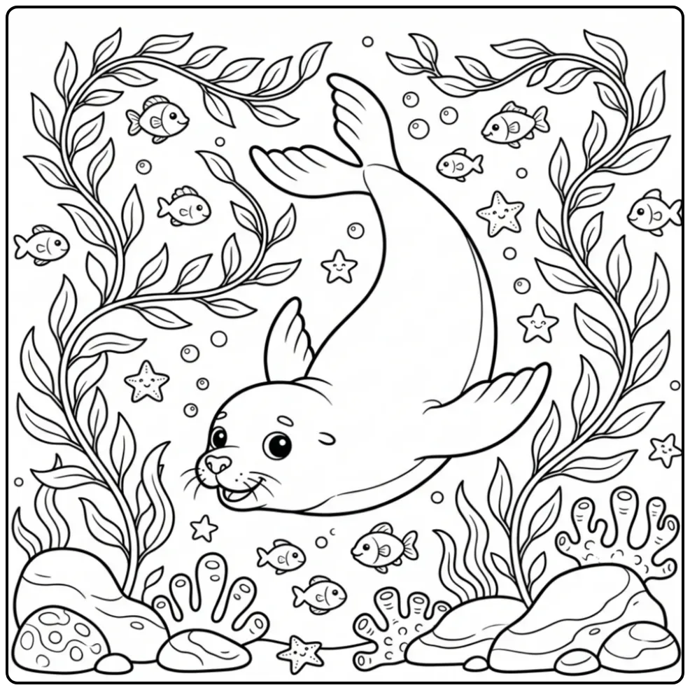 Duikende zeeleeuw kleurplaat tussen kelp en vissen.