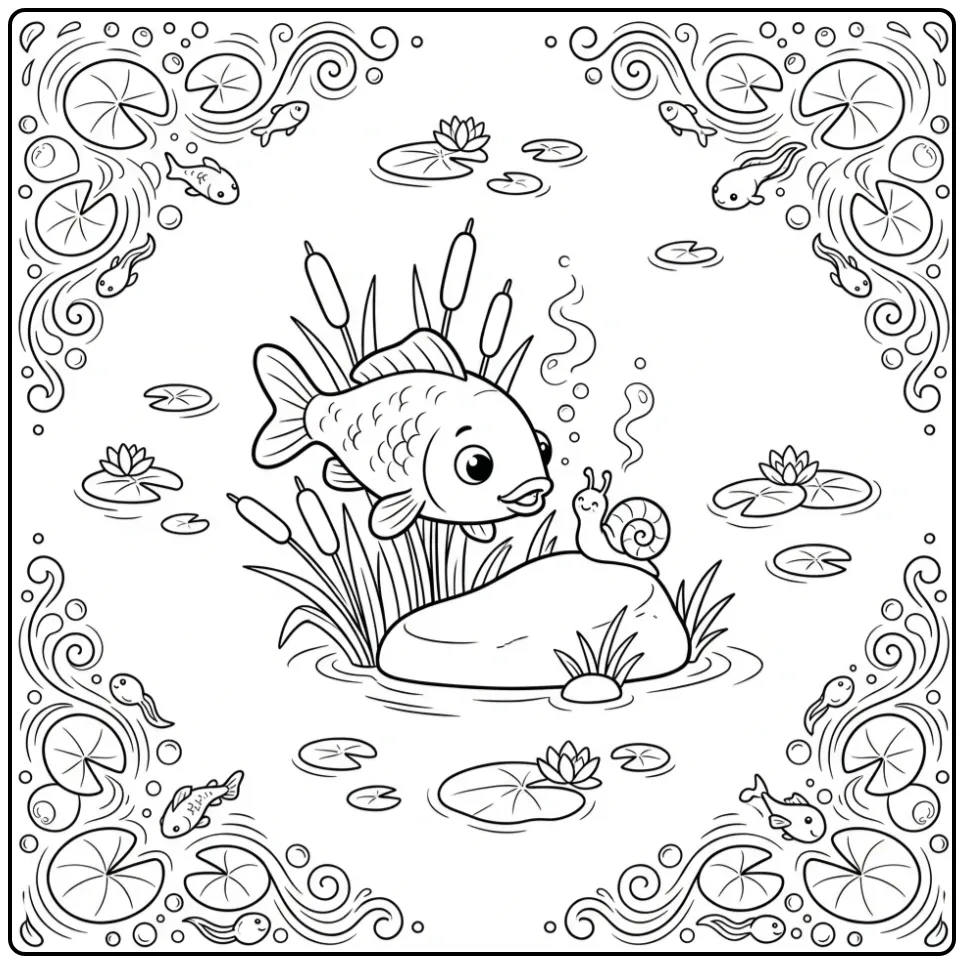 Schattige karper kleurplaat met een slak en riet.