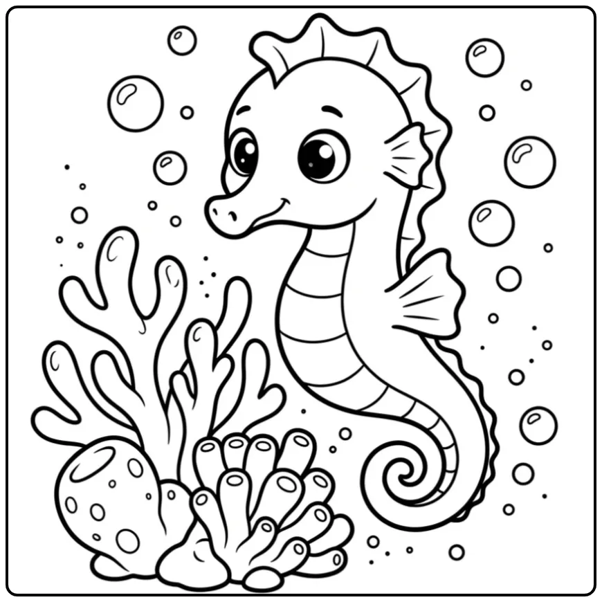 Leuke kleurplaat zeepaardje zwemmend langs zacht koraal.
