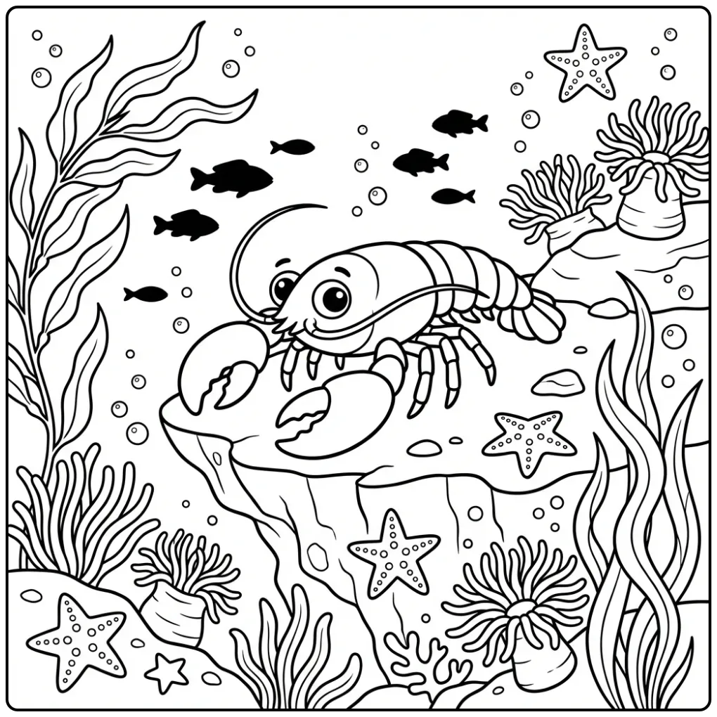 Leuke kreeft kleurplaat op een rotsachtig rif met visjes.