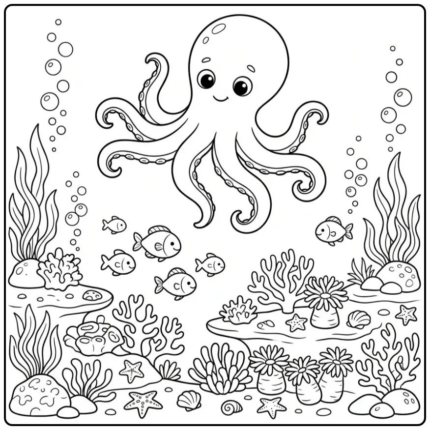 Schattige octopus kleurplaat zwemmend boven een koraalrif