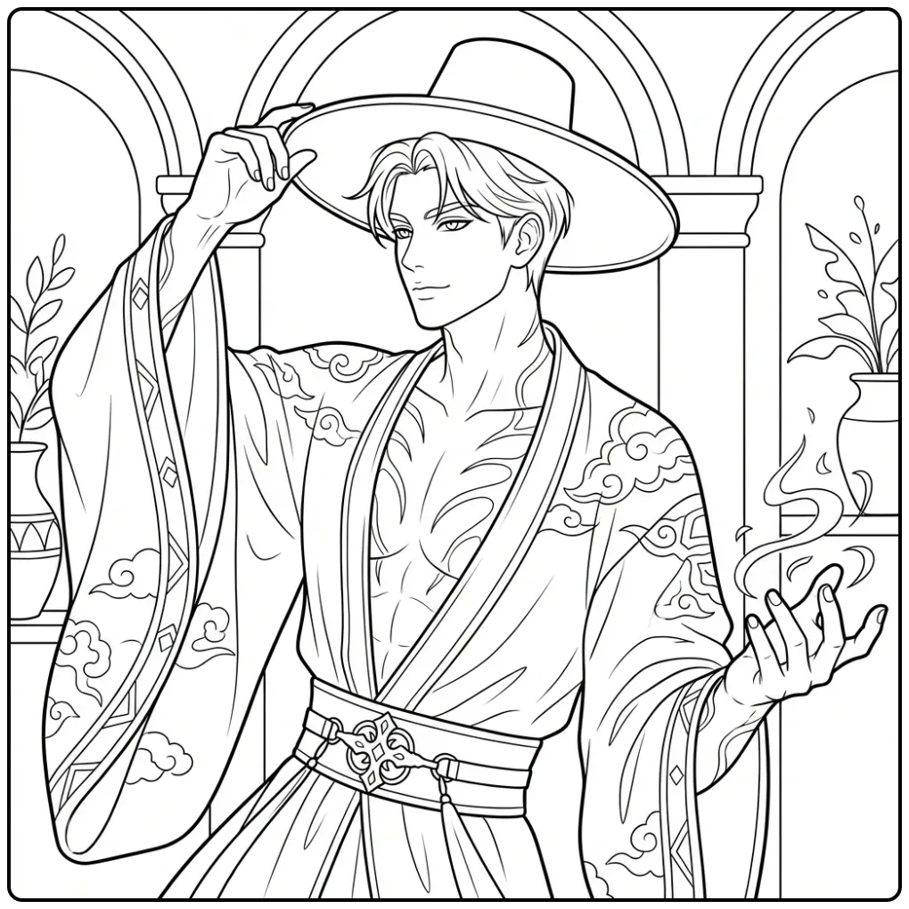 Jinu kpop demon hunters kleurplaat van man met vuur en hoed.