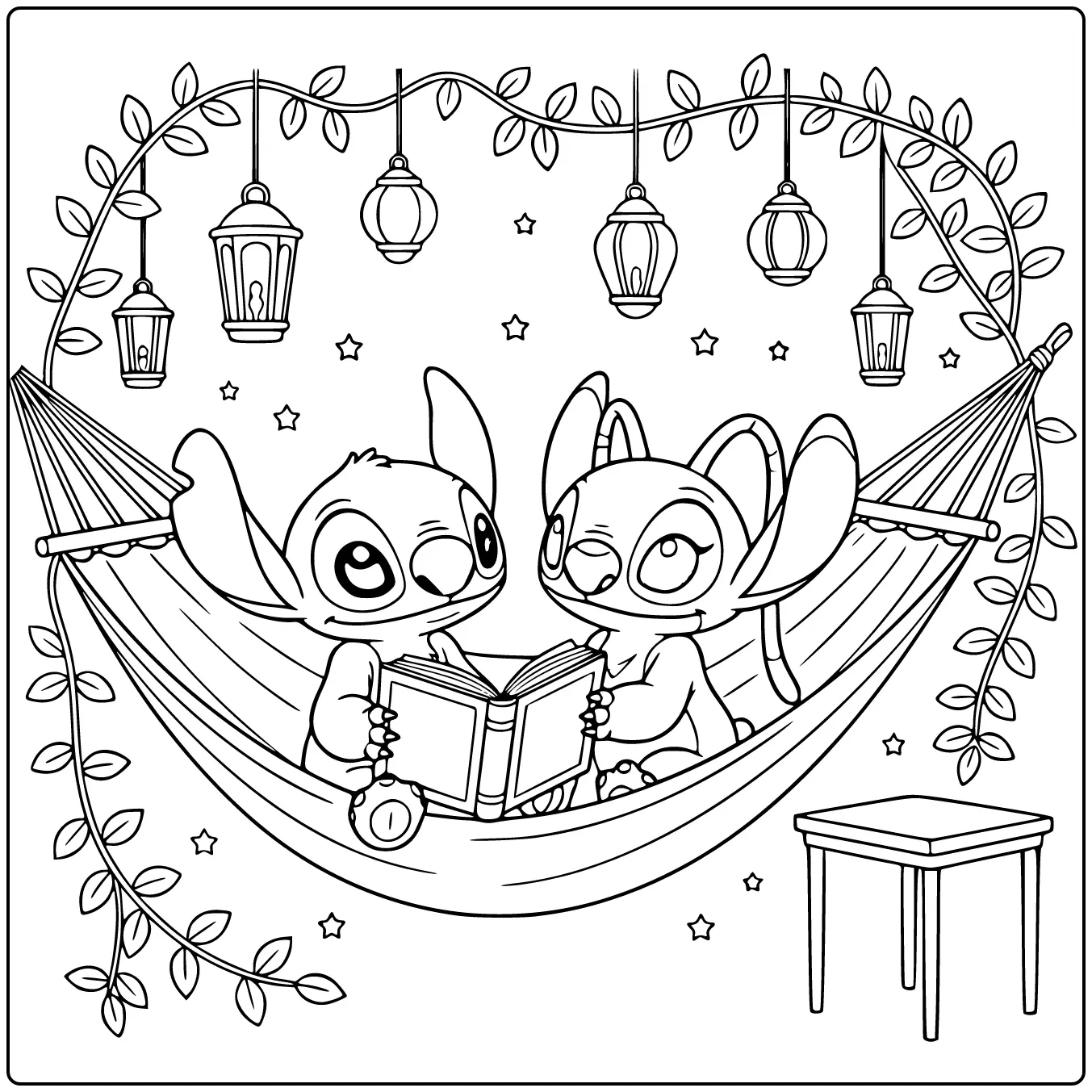 Zomerse kleurplaat stitch en angel samen in een hangmat.