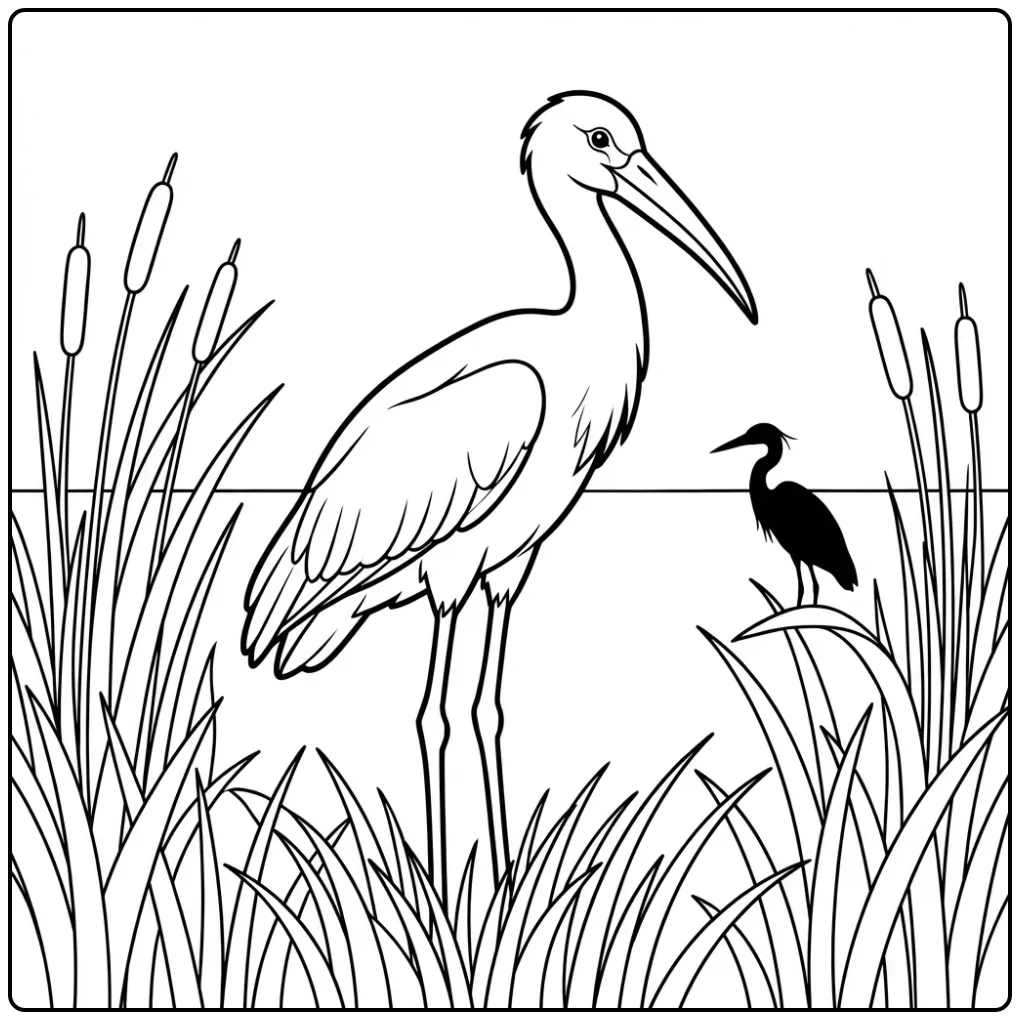 Lijntekening ooievaar kleurplaat in de natuur voor kinderen
