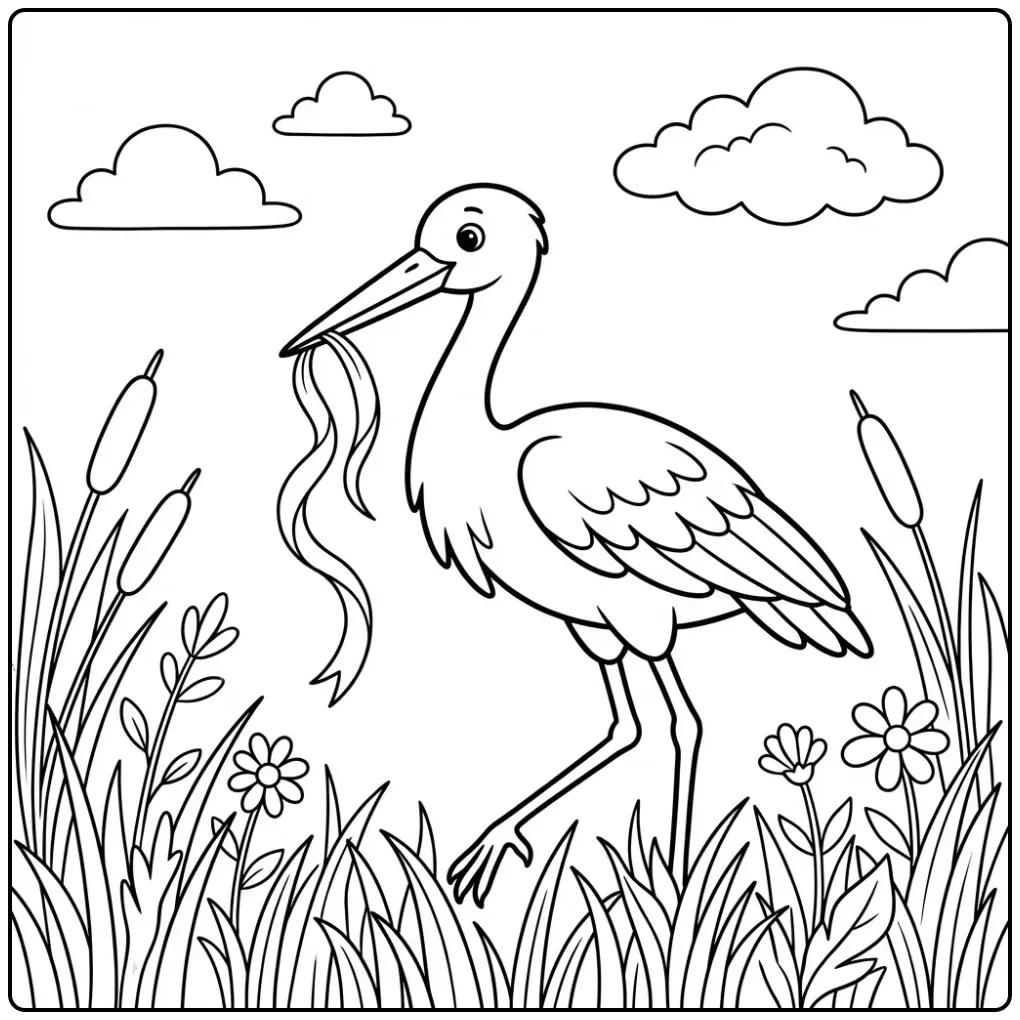 Ooievaar kleurplaat lopend in gras met riet in snavel