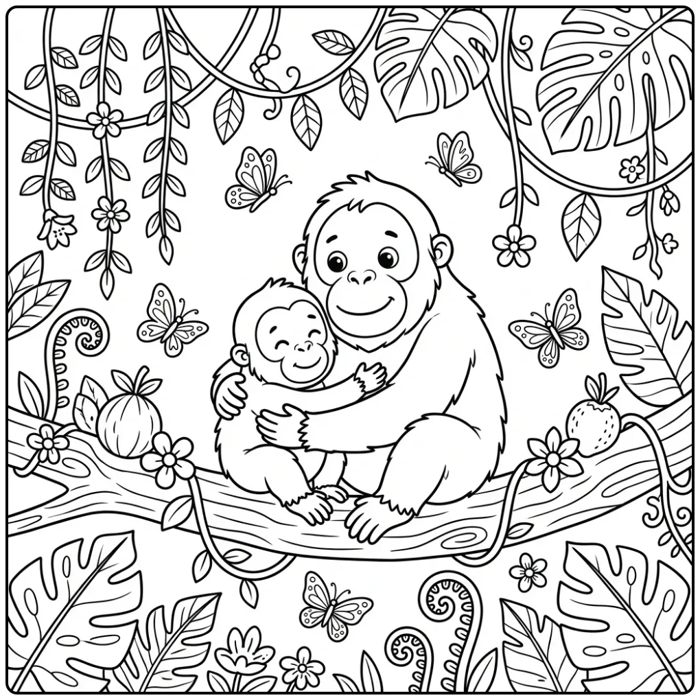 Schattige orang oetan kleurplaat van moeder met baby in boom