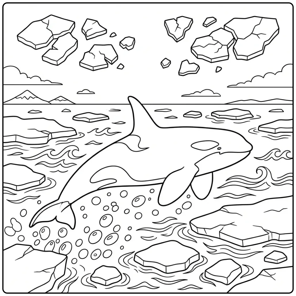 Realistische orka kleurplaat zwemmend tussen drijvend ijs.