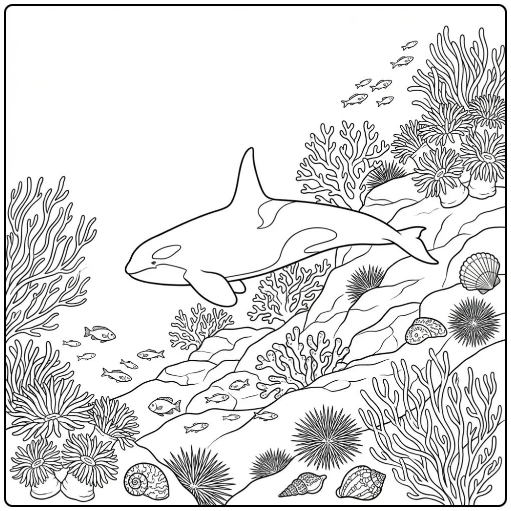 Realistische orca kleurplaat zwemmend langs een rif.