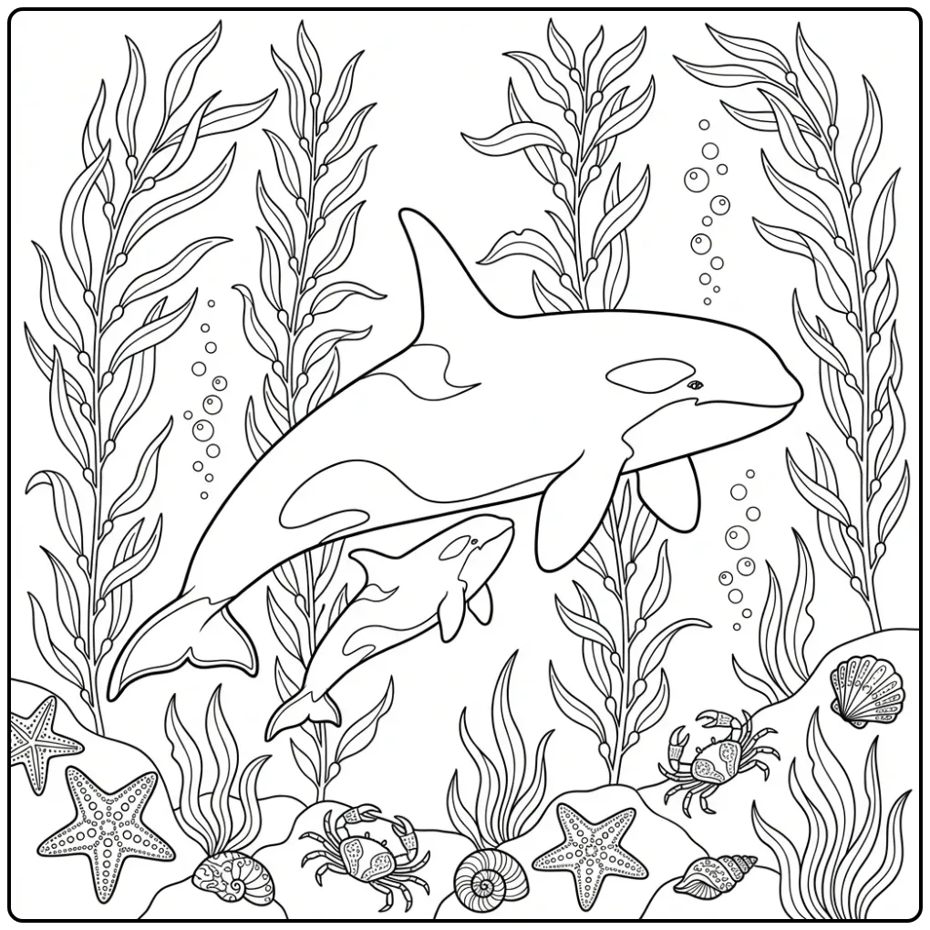 Onderwater orka kleurplaat met zeedieren en kelp