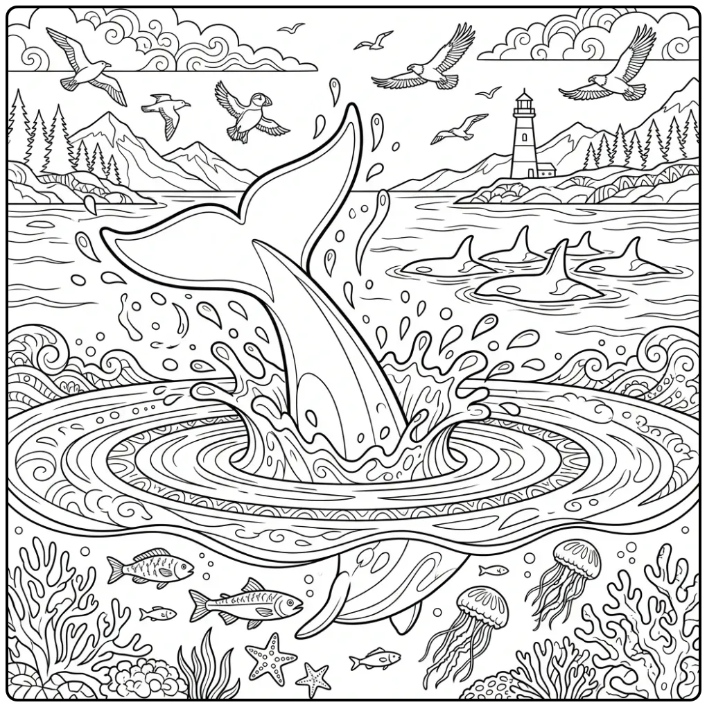 Realistische orka kleurplaat met een slaande staart in het water.