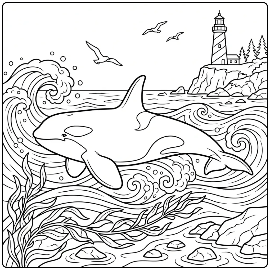 Orka kleurplaat met golven en een vuurtoren op de achtergrond.