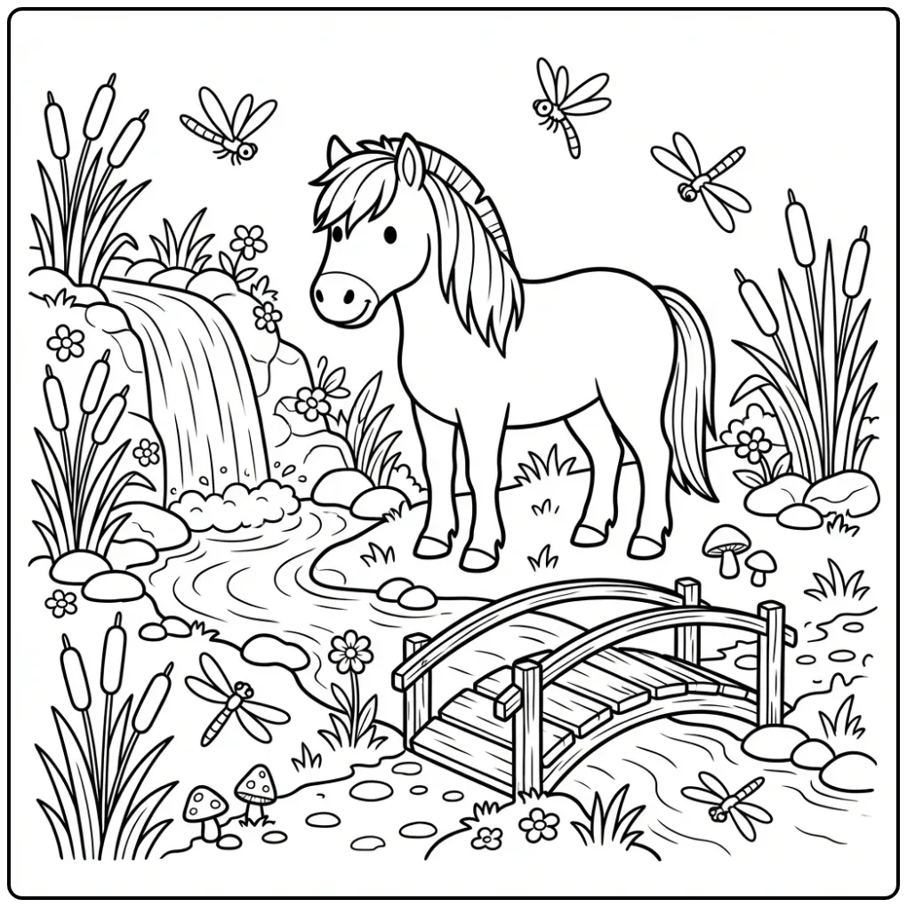 Schattige paarden kleurplaat fjord bij een beekje en brug.