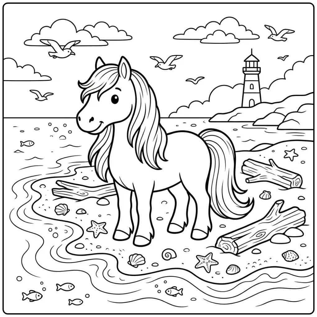 Schattige paarden kleurplaat fries op het strand met schelpen.